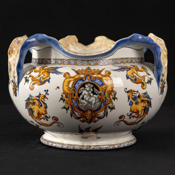 Cache pot ancien - faïence de gien - décor renaissance italienne - xixème siècle