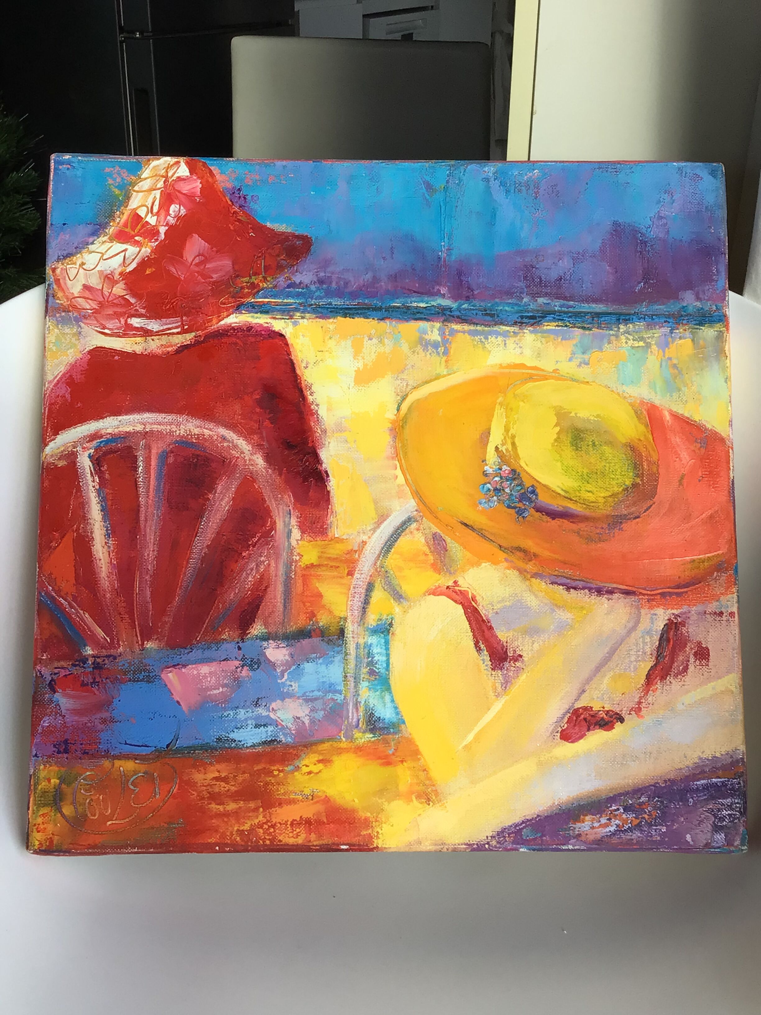 Oil on canvas Terrace signed 40x40cm