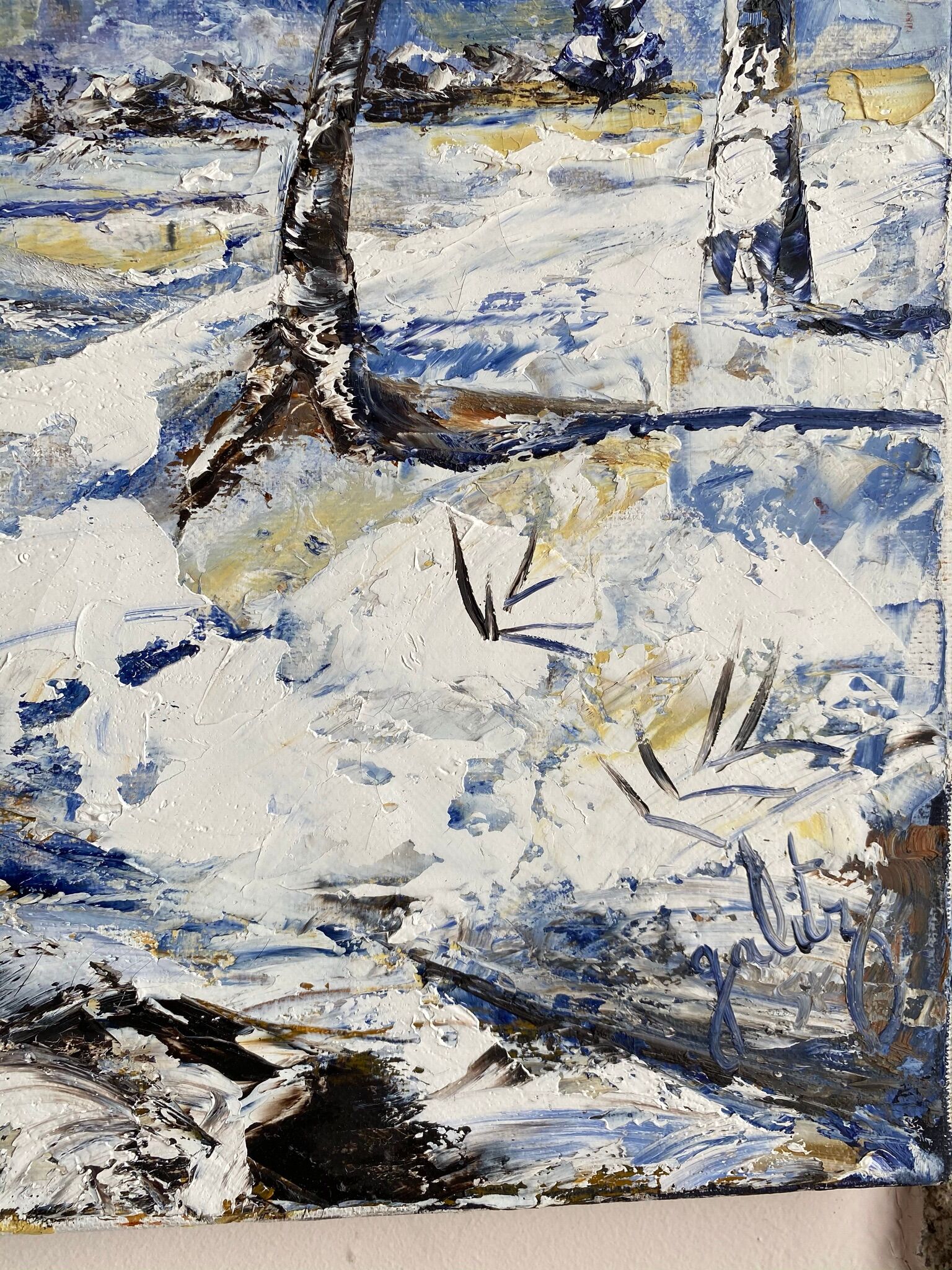 Ancient painting, winter landscape in Auvergne, signed, 20th century