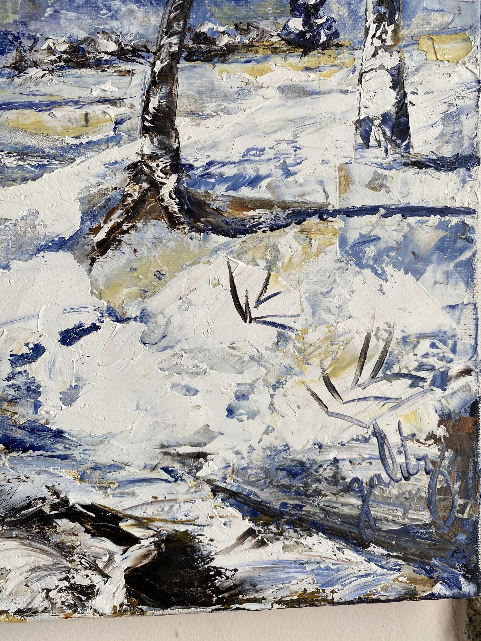 Ancient painting, winter landscape in Auvergne, signed, 20th century