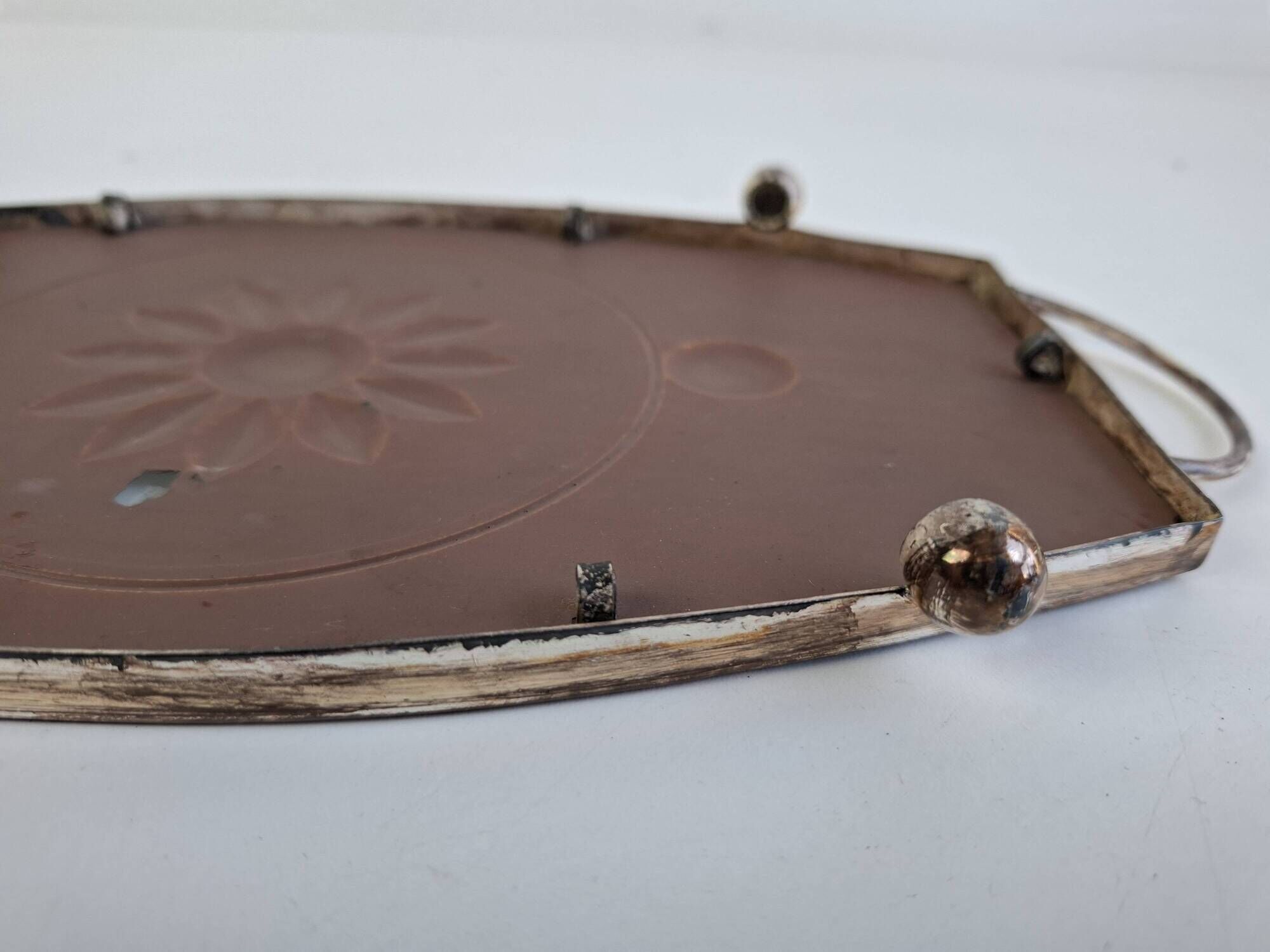 Vintage Art Deco Mirrored Glass Serving Tray with Floral Motif