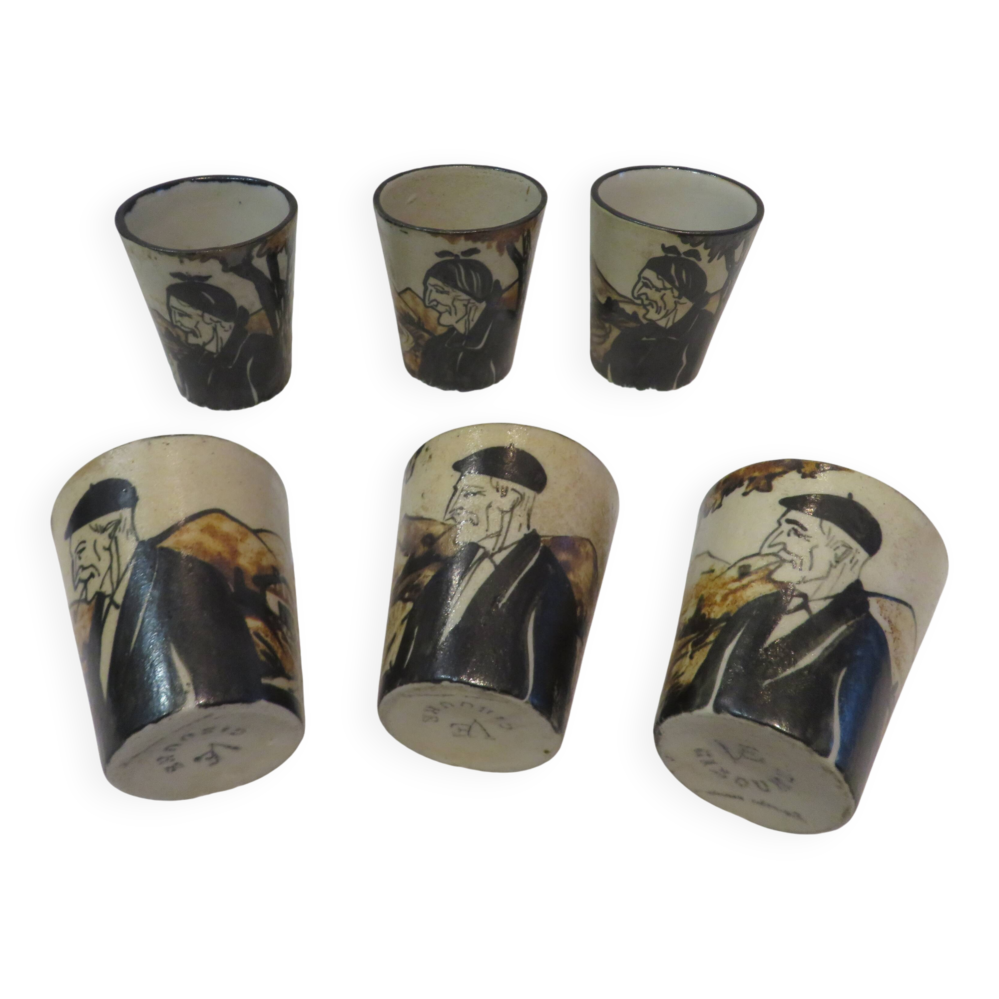6 Ciboure stoneware liqueur goblets, Vilotte period, 6cl, h 5.8cm