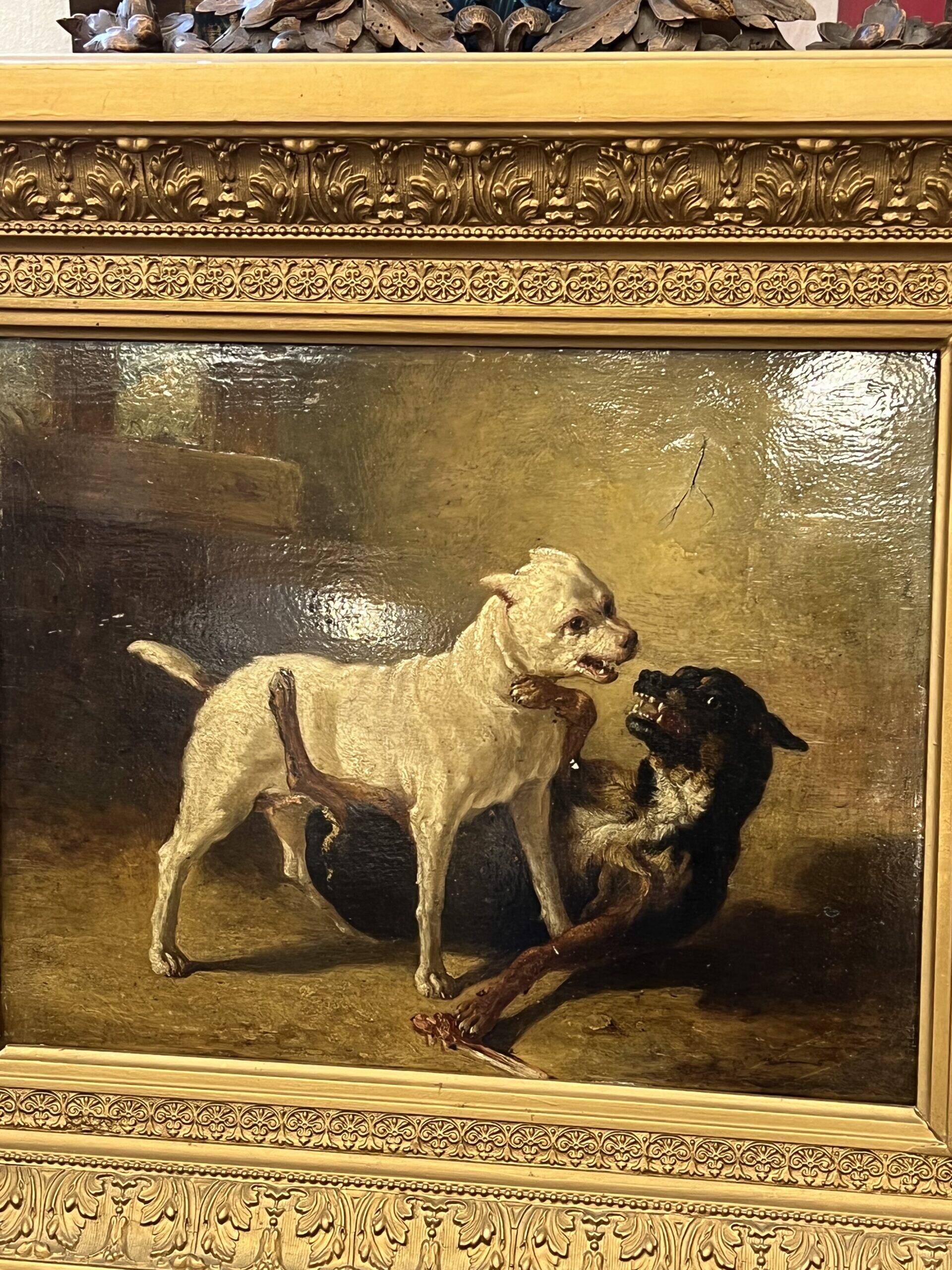 Jean Baptiste Louis Guy? Oil on panel, two bulldogs fighting