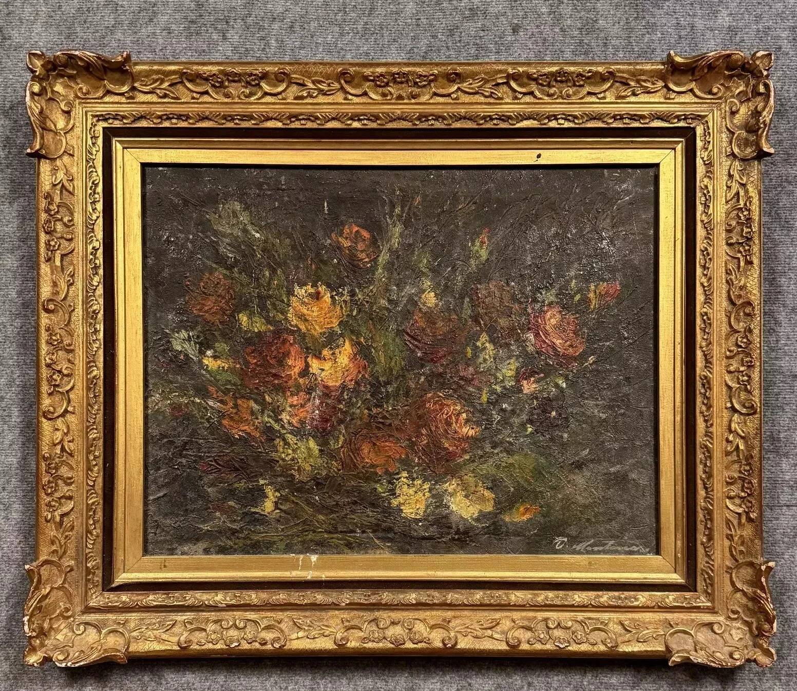 Oil on canvas from the Napoleon III period depicting a still life with flowers