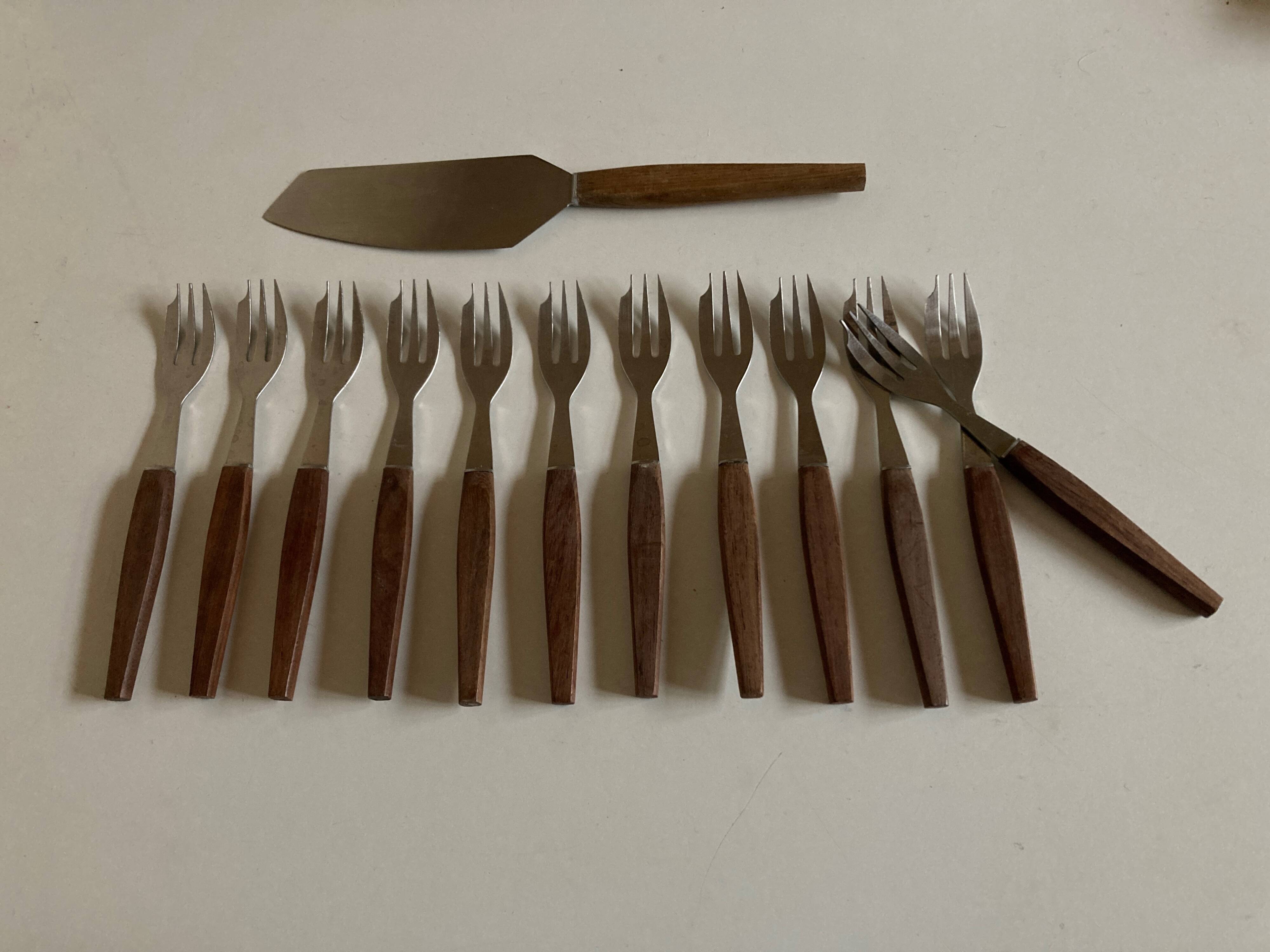 Set of 12 teak dessert forks 1960 Scandinavian
