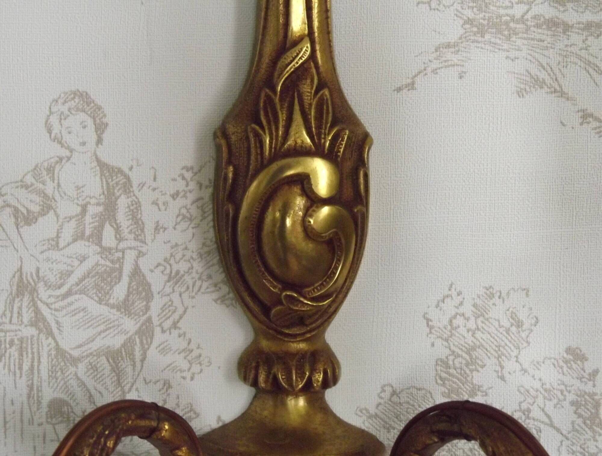 Pair Vintage French Traditional Style Bronze Mid Century Wall Lights 5345