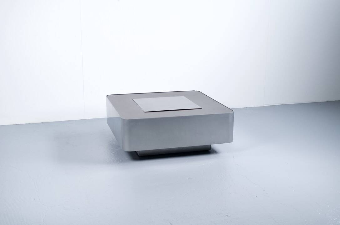 1970s COFFEE TABLE BAR BRUSHED STEEL AND BROWN MELAMINE