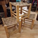 Set of three brutalist wooden stools, rope seat