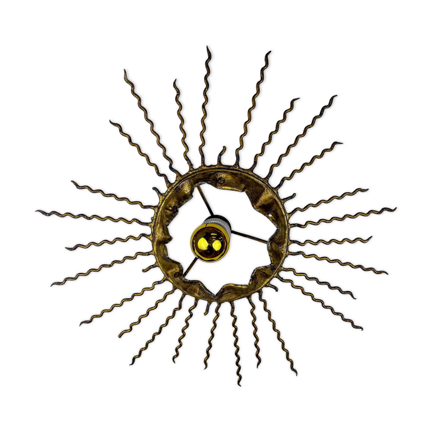 Spanish sunburst ceiling light – gilt iron rays & exposed bulb, 1960s