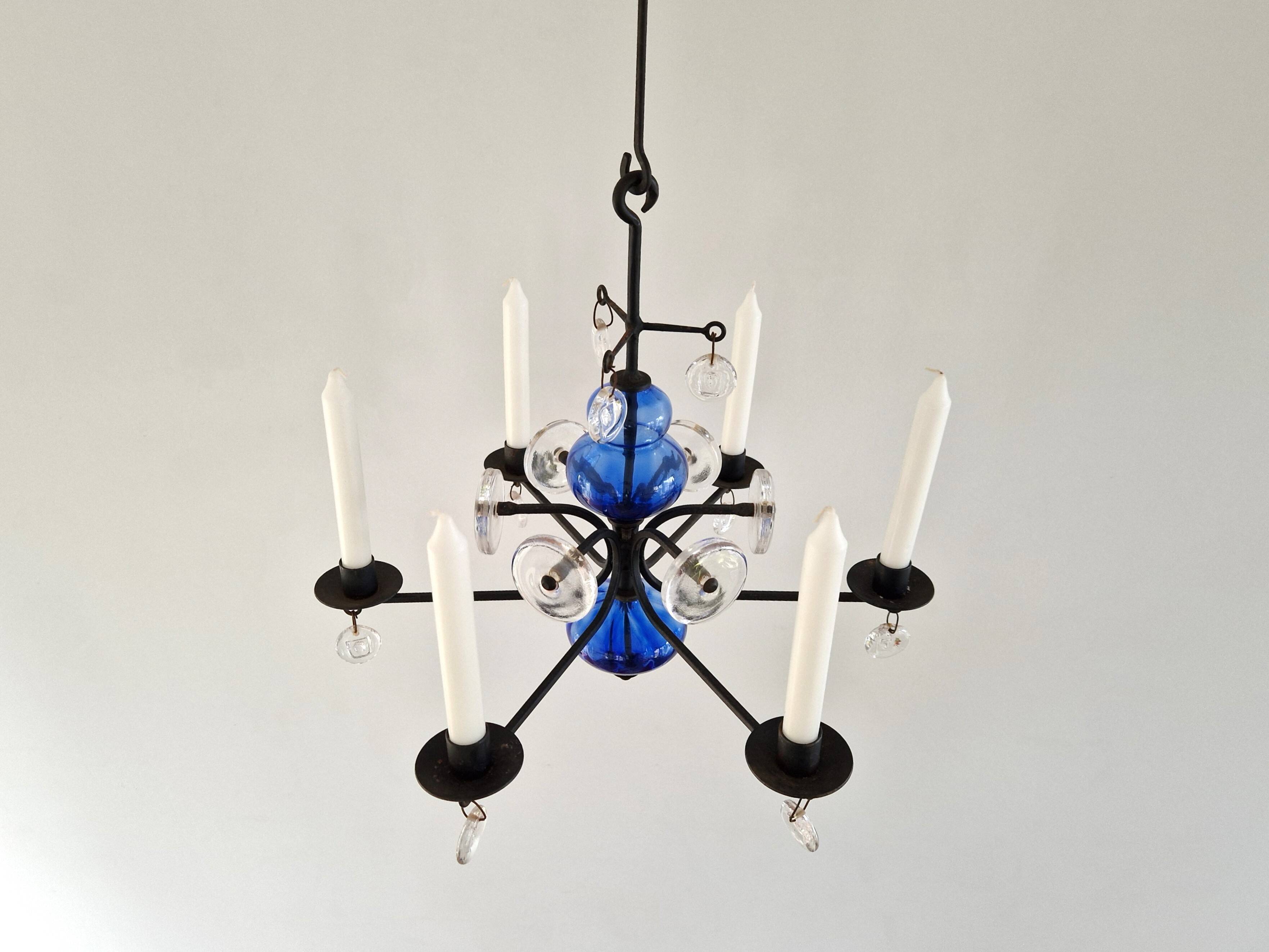 Art glass and wrought iron candelabra chandelier by Erik Höglund for Boda, Sweden 1960's