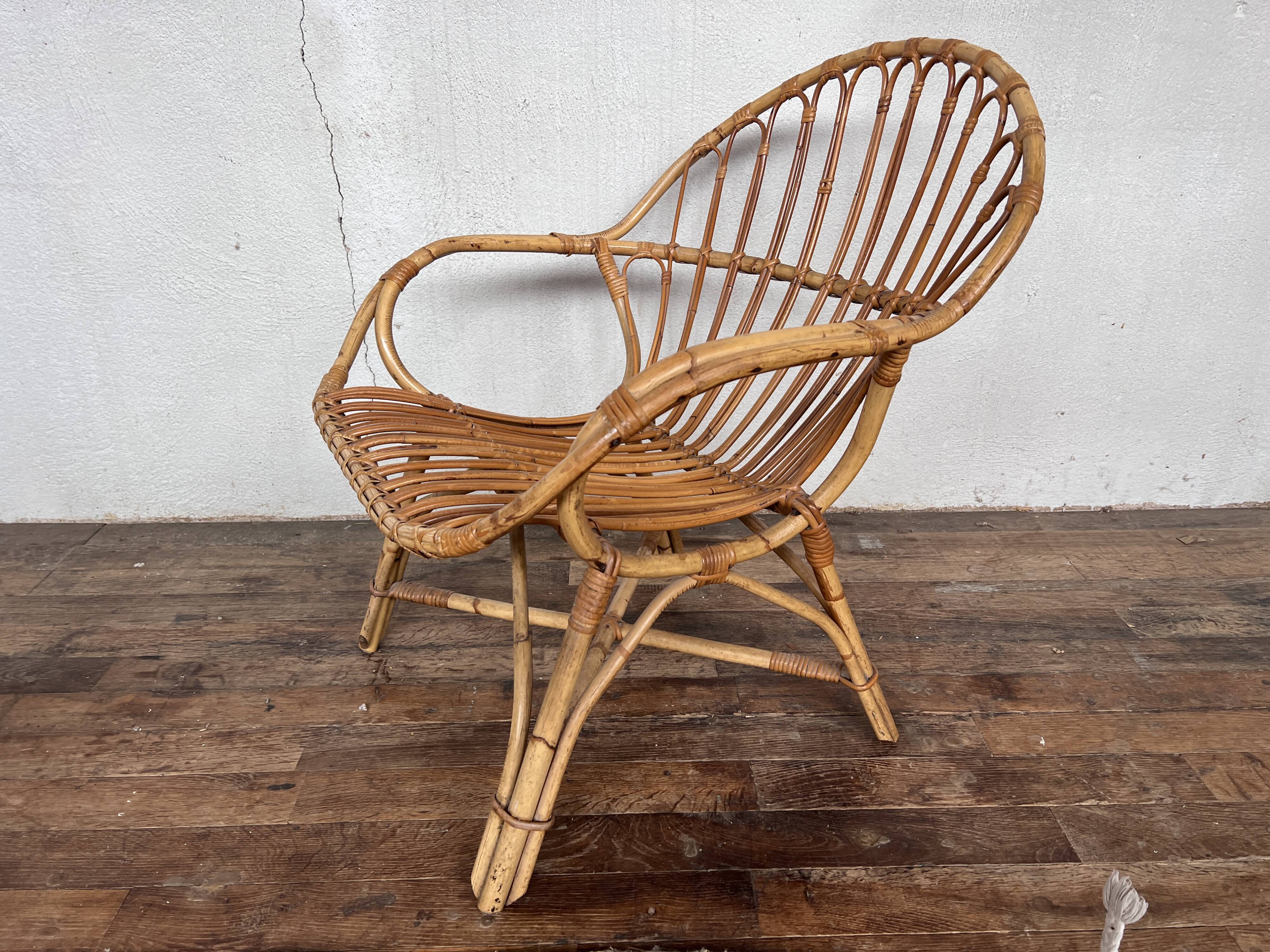 Fauteuil bohème shabby chic en rotin bambou 1950