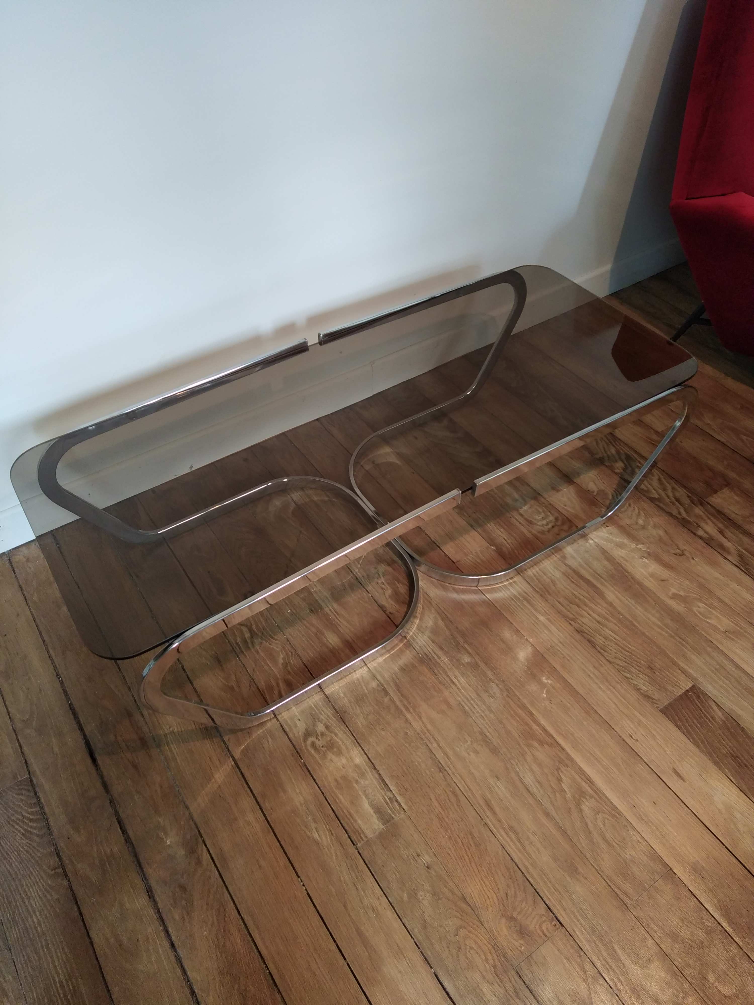 Stainless coffee table and smoked glass 1973