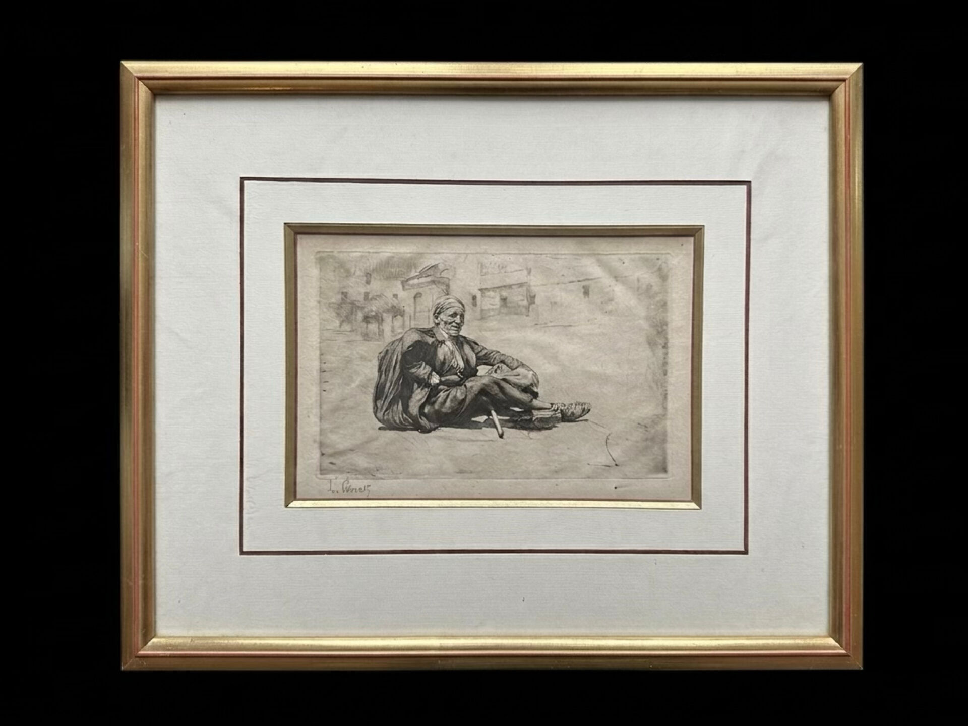 Old engraving by Lucien Pénat (Prix de Rome) and its large gilded frame.