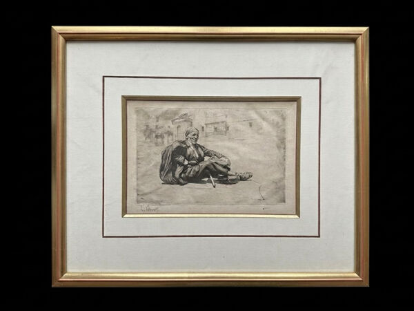 Gravure ancienne Lucien Pénat (Prix de Rome) et son grand cadre doré