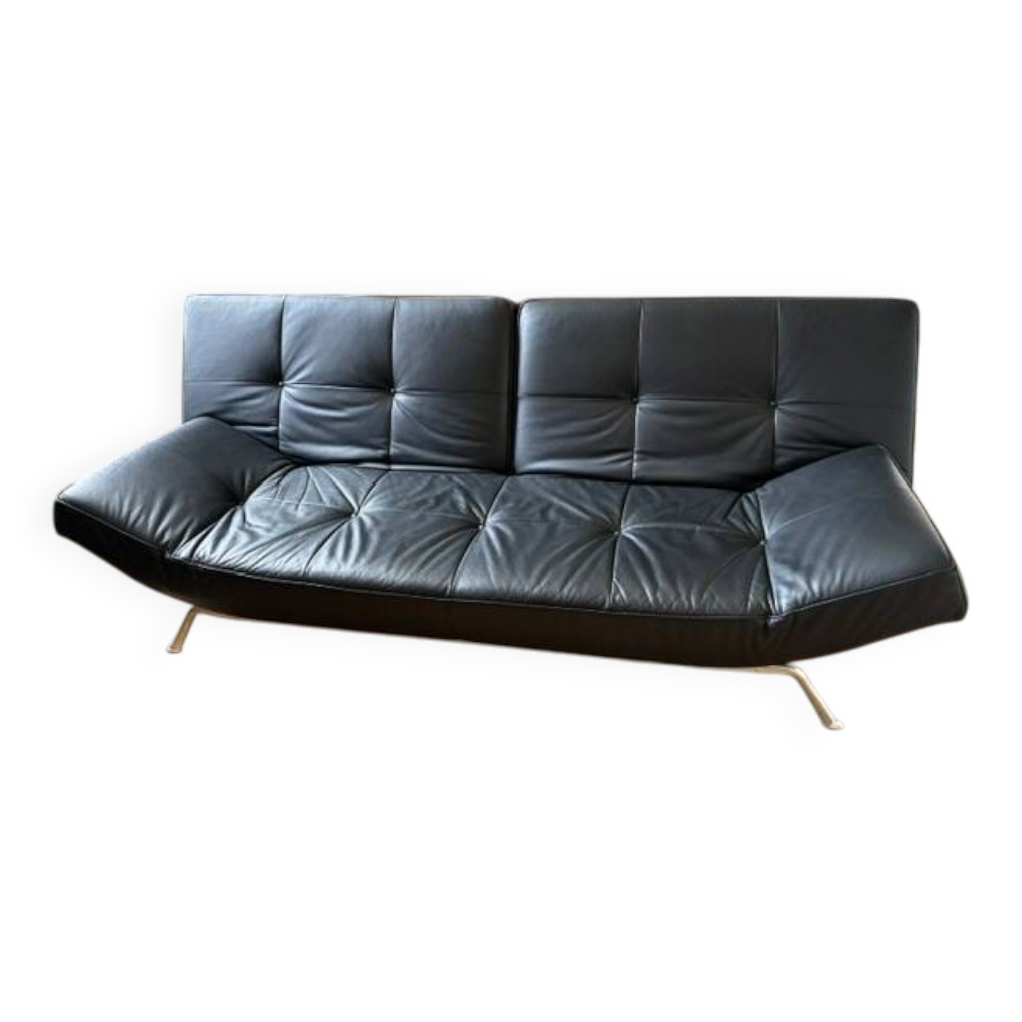 Canapé Cuir Noir modulable, assise droite, semi inclinée, méridienne ou lit