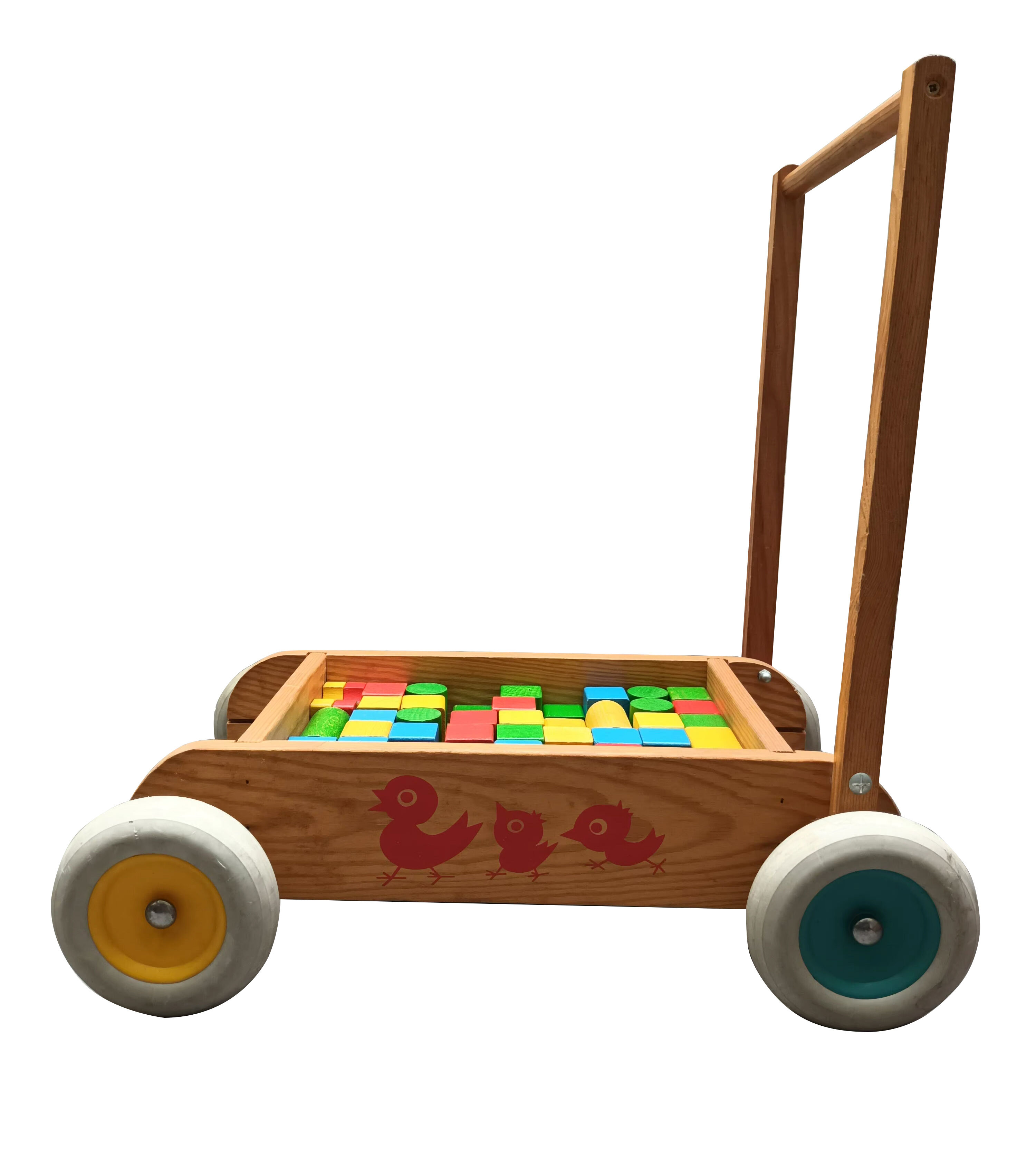 Walking trolley with multicolored wooden cubes