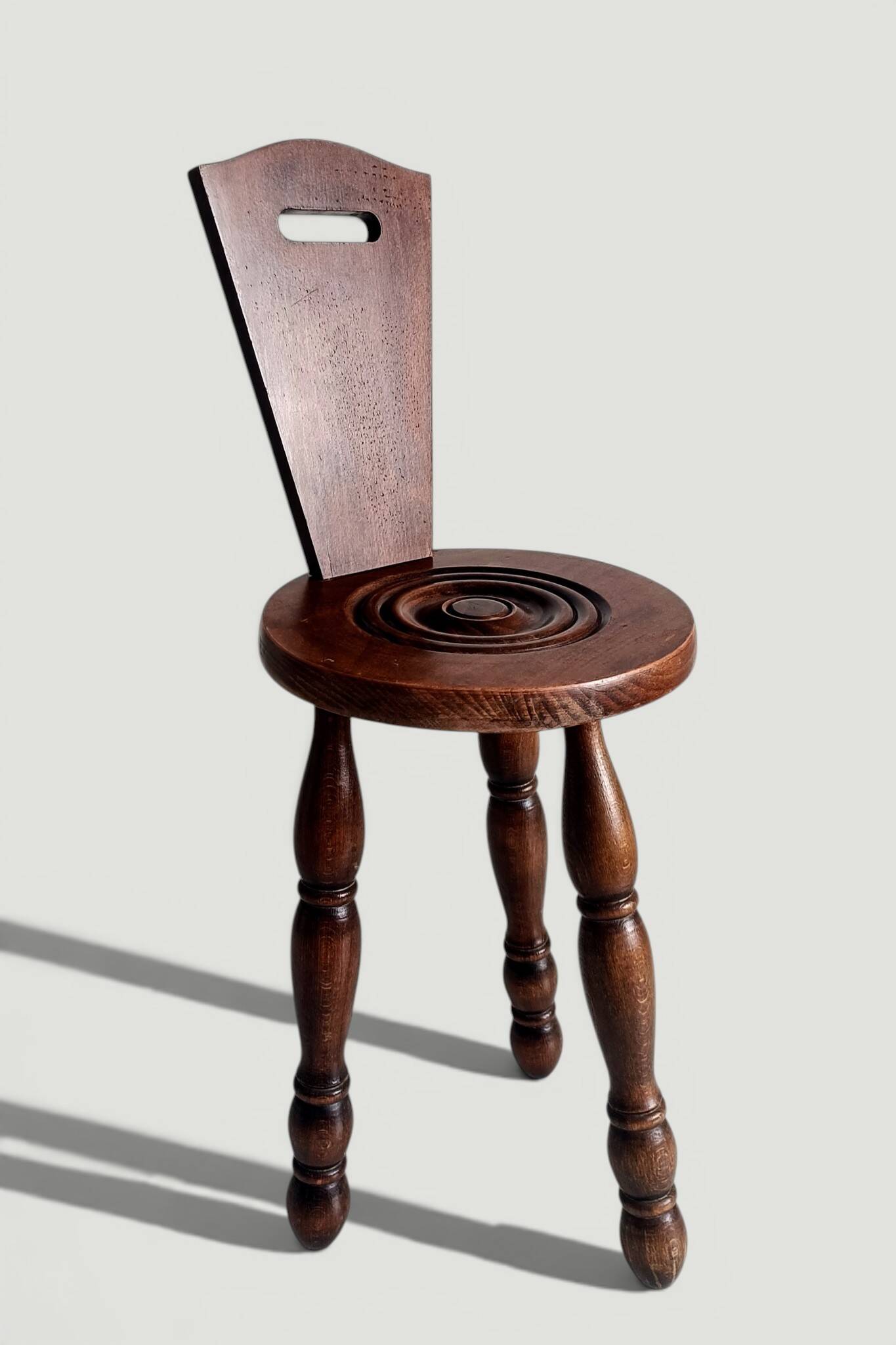 Folk Art Chestnut Wood Tripod Chair, Charles Dudouyt Style, France, 1930s