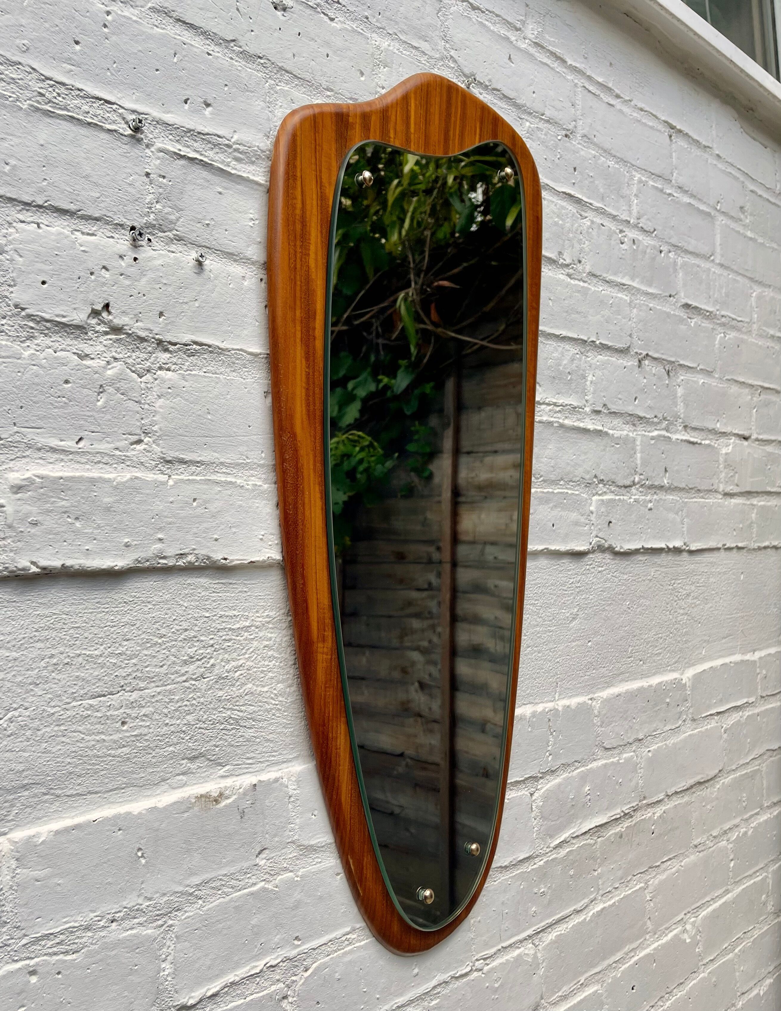 Vintage triangular wall mirror teak frame - 80x37cm