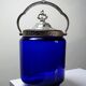 Antique biscuit jar/sweet jar, cobalt blue glass and silver-plated metal, early 20th century.