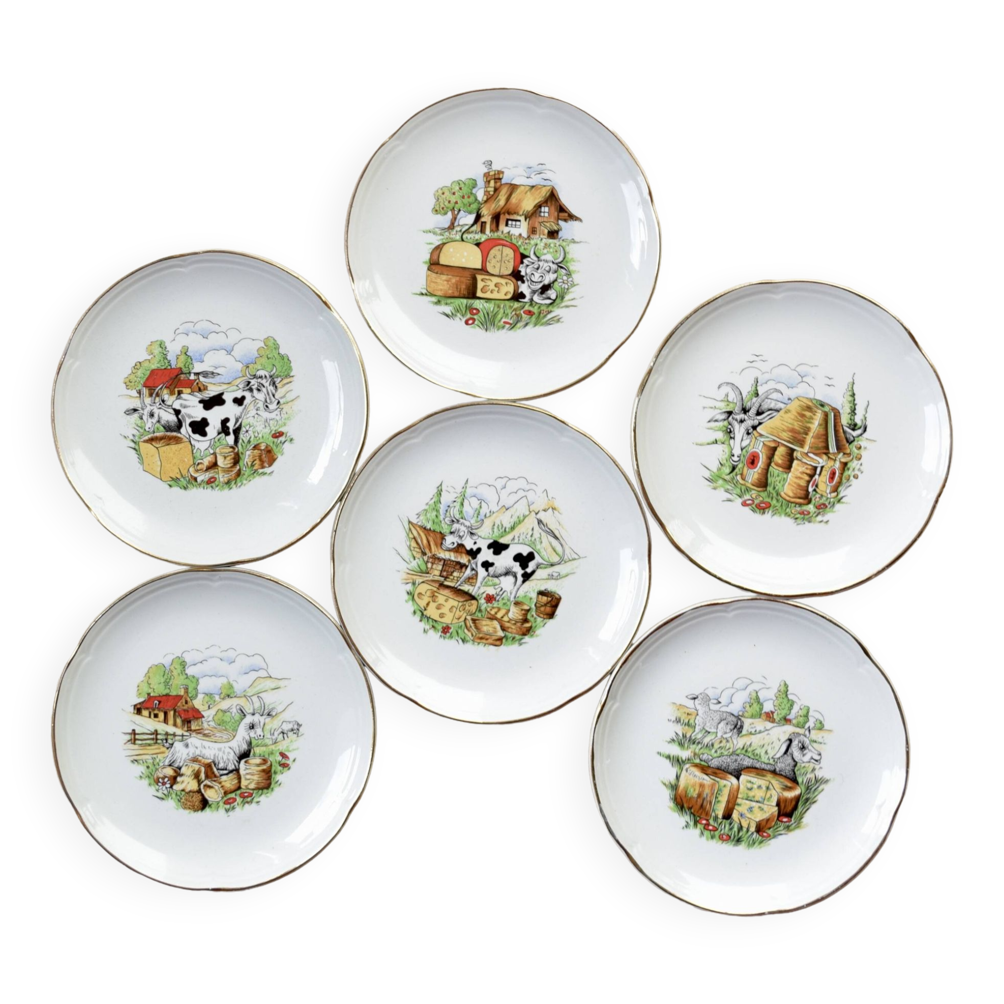 Moulin-des-Loups - Orchies - Set of 6 vintage glazed ceramic cheese plates