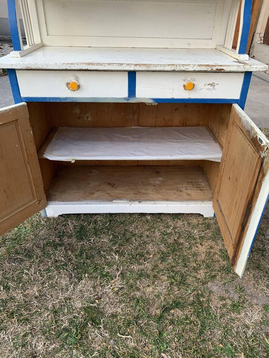 Vintage blue and white kitchen placard made of painted wood and glass, 1930s, double section.