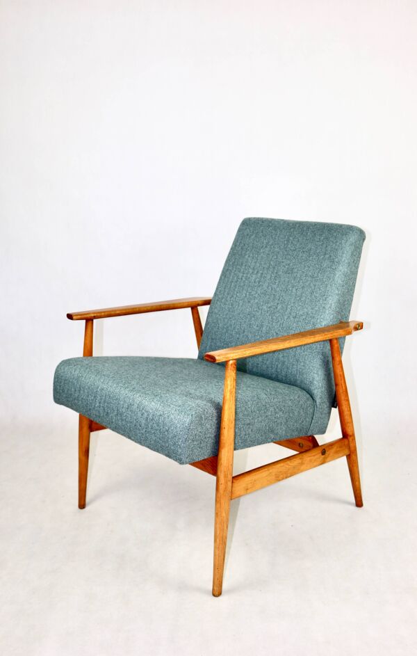 Fauteuil 'Lis', années 1970, tweed turquoise par Henryk Lis - bois de hêtre naturel