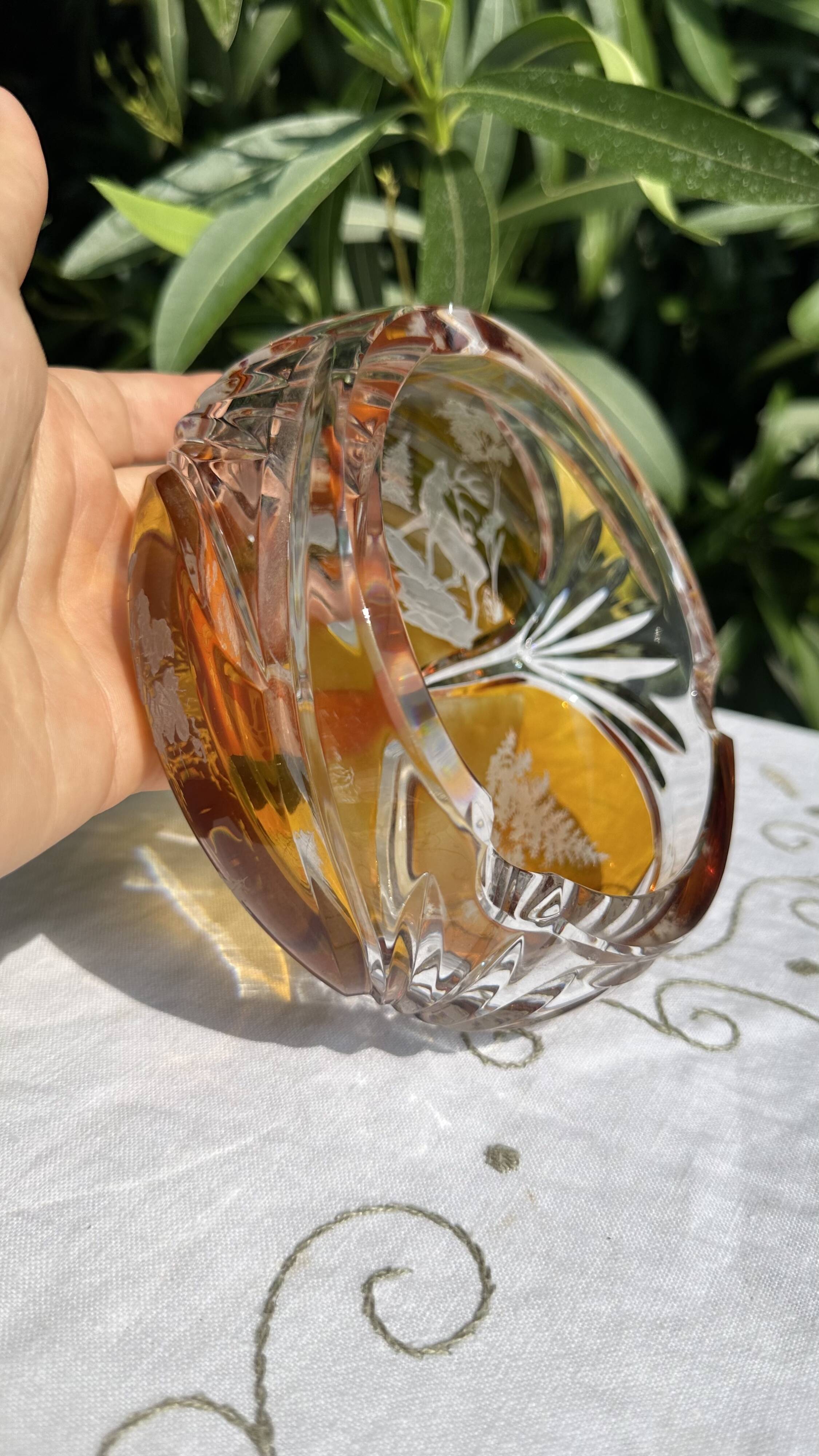 Magnificent Vintage Bohemian Ashtray in Cut Crystal of Yellow Orange
