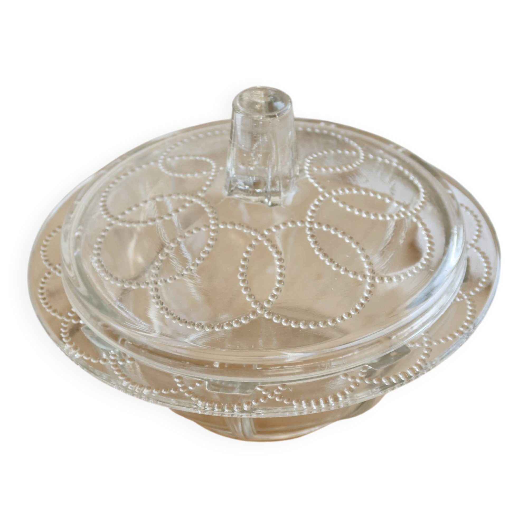 Bonbonnière vintage verre moulé à couvercle – Décor perlé