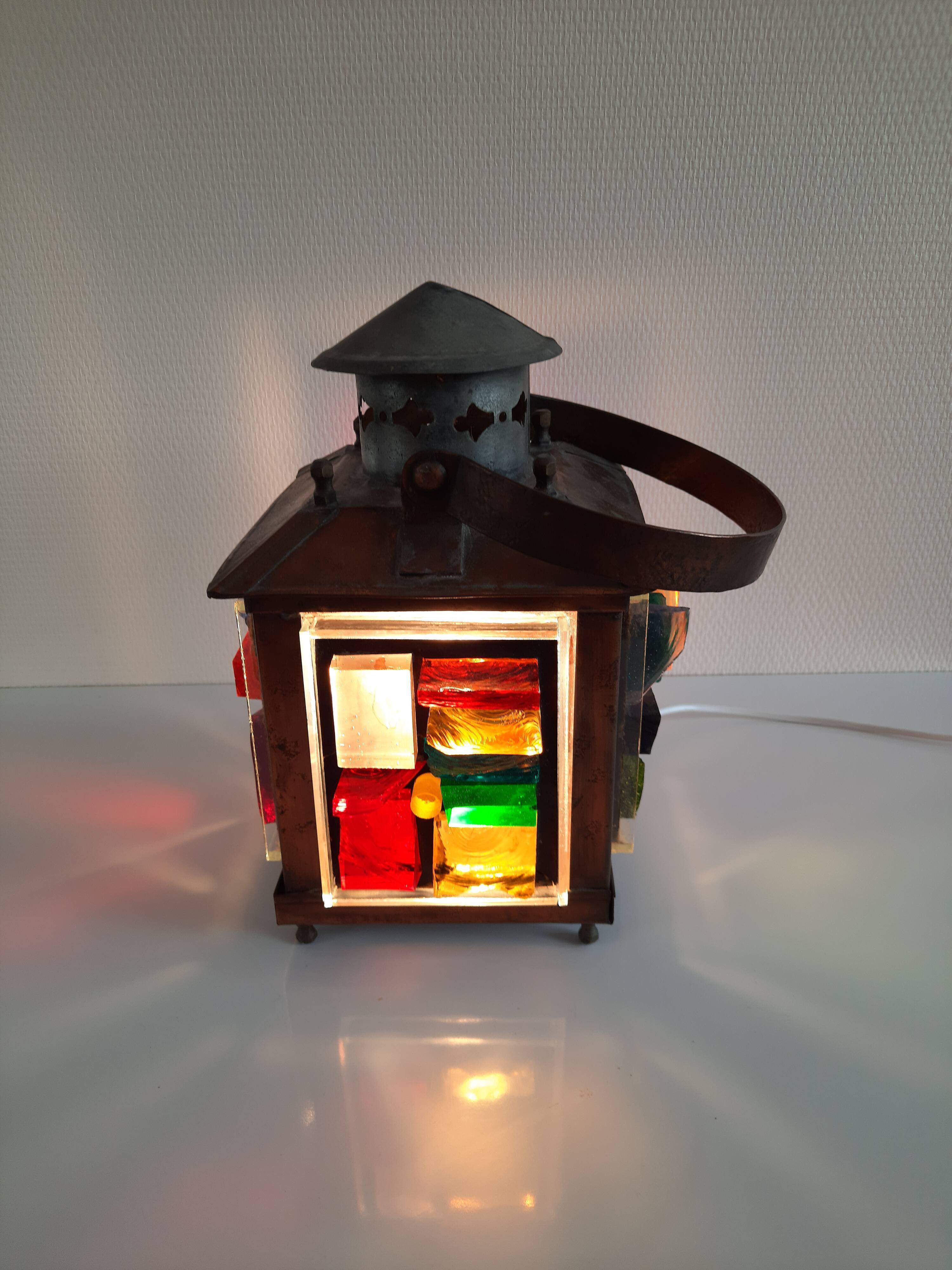Copper lantern table lamp and 60s multicolored glasses