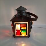 Copper lantern table lamp and 60s multicolored glasses