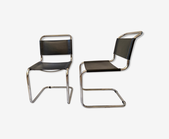 Paire de chaise S33 design Mart Stam vintage 80 Italie cuir & chrome TBE |  Selency