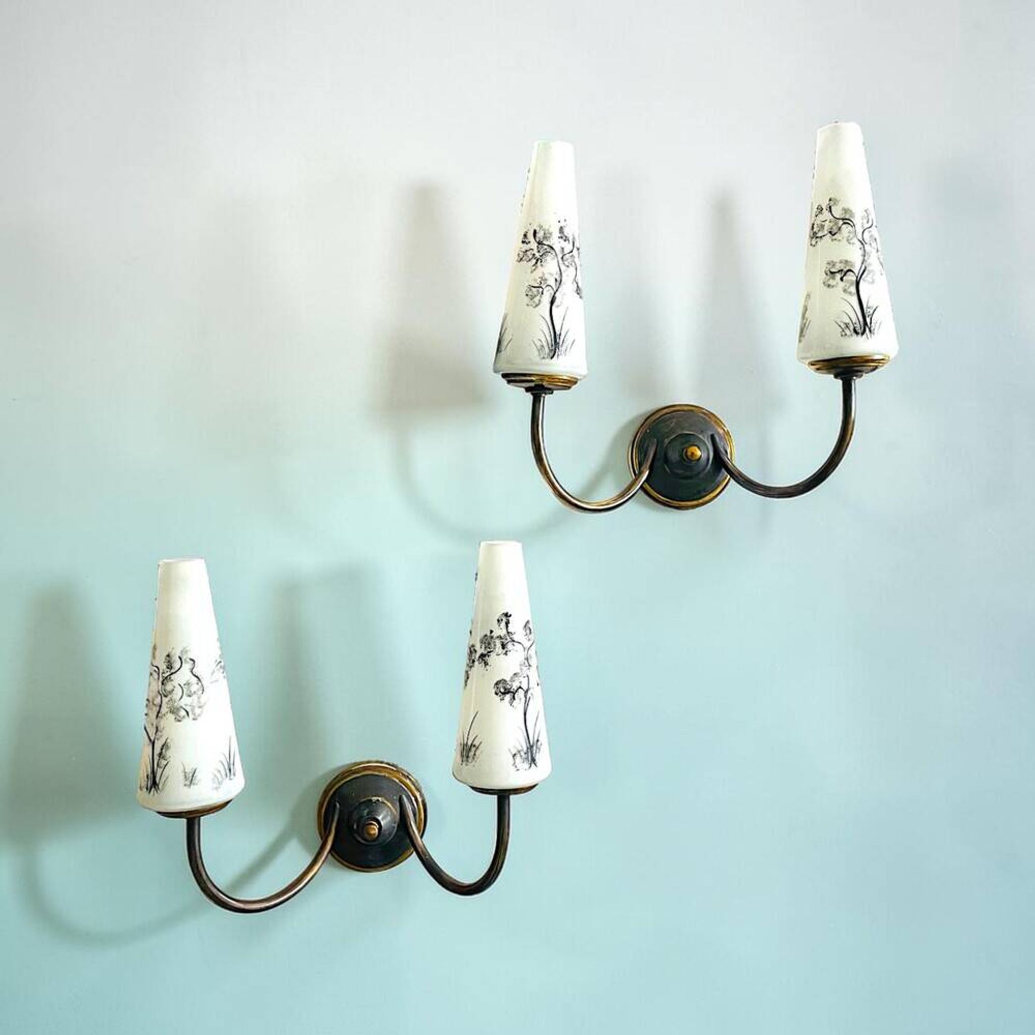 Pair Mid century brass and glass double wall sconces