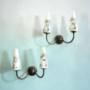 Pair Mid century brass and glass double wall sconces