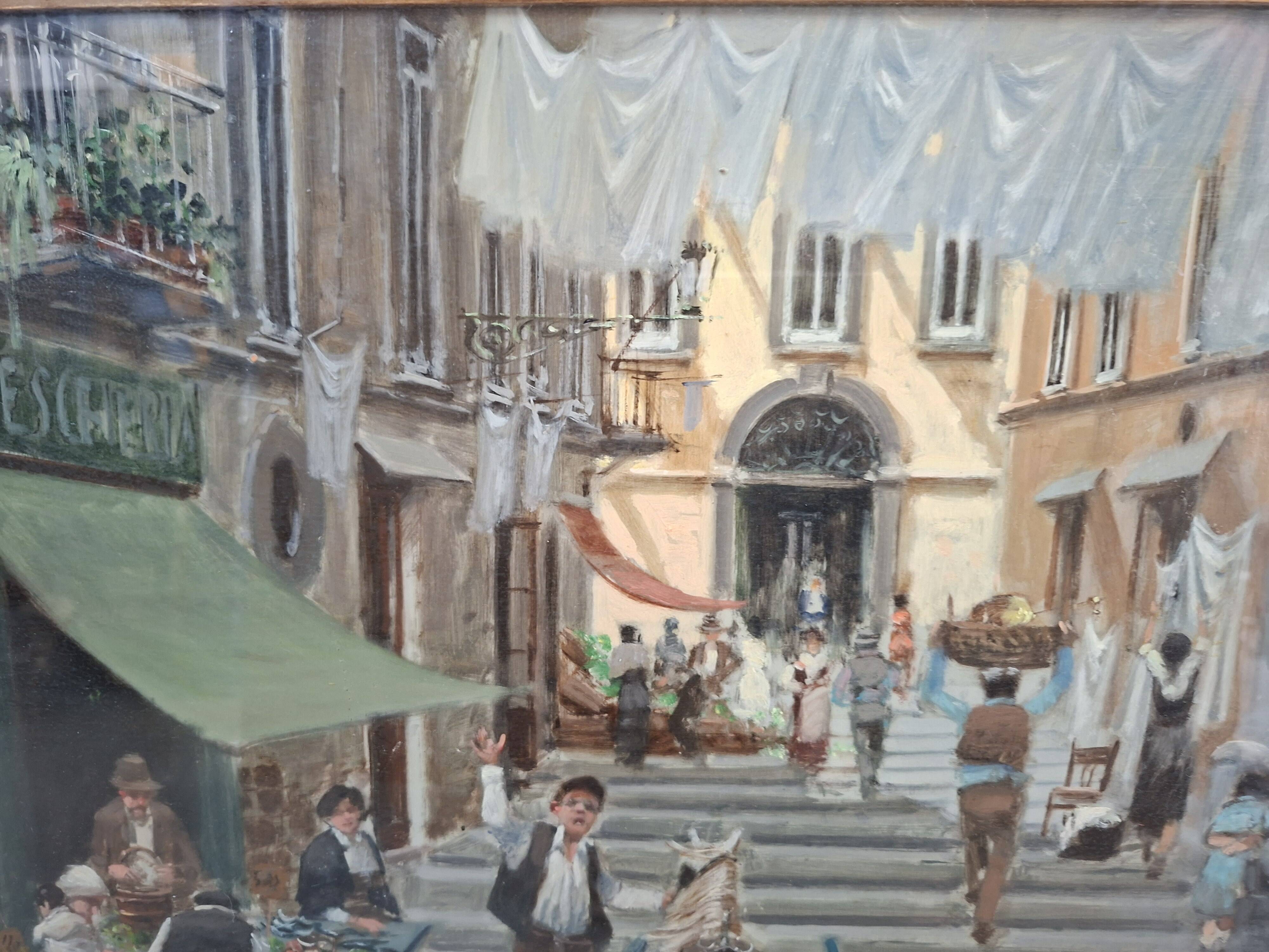 Dipinto a Olio di Francesco Tammaro Scena di Mercato Napoletana 80x130 cm