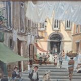 Dipinto a Olio di Francesco Tammaro Scena di Mercato Napoletana 80x130 cm