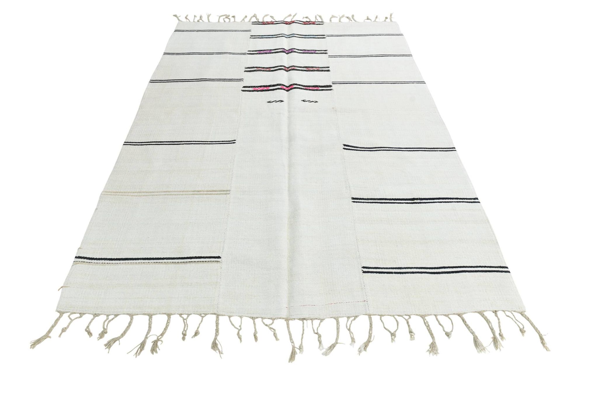 Kilim Turc Vintage Ivoire et Noir, Rayé, Déco Salon Bohème, 176X258Cm