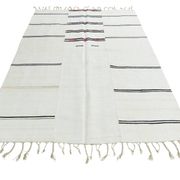 Kilim Turc Vintage Ivoire et Noir, Rayé, Déco Salon Bohème, 176X258Cm