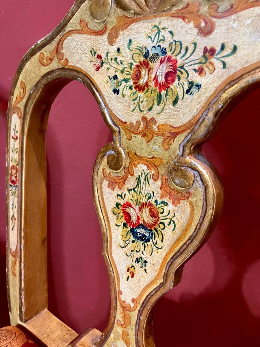 Venetian Lacquered Rococo-Style Armchairs with Hand-Painted Floral Décor and Theater-Inspired Upholstery, Set of 2