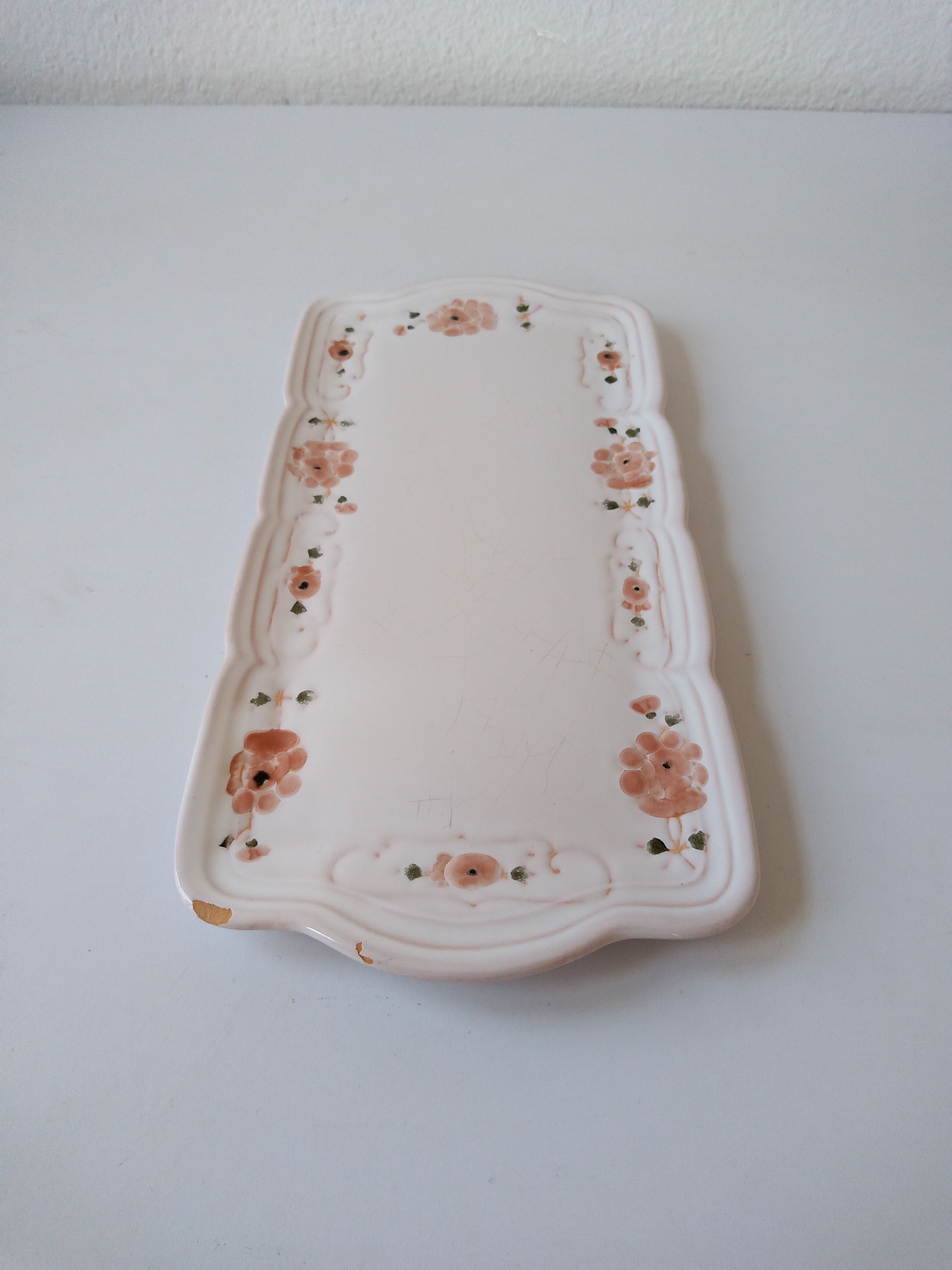 Antique dish in white ceramic and pink spring flowers Niderviller France