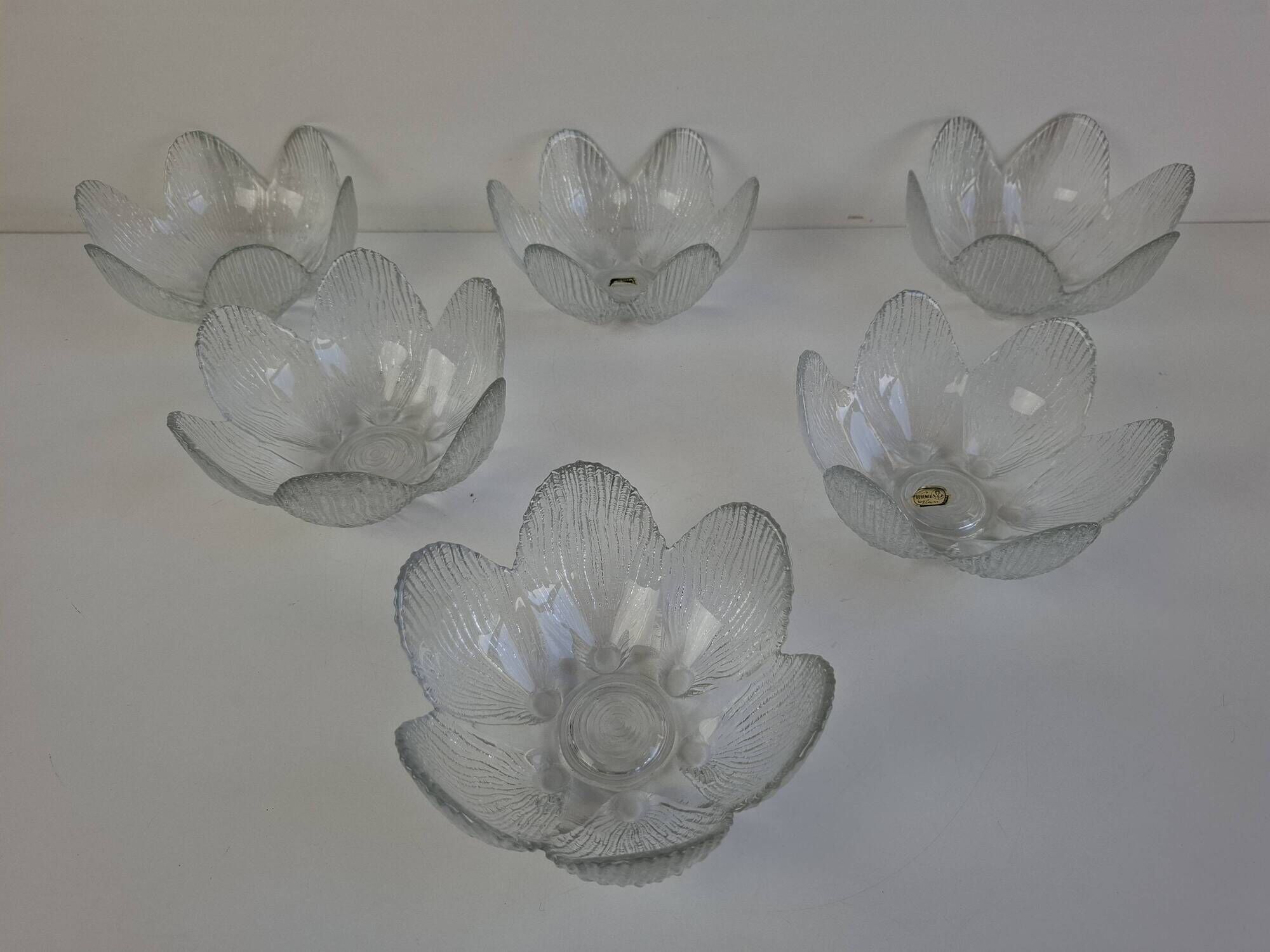 Set of 6 Bohemia Glass Flower Dessert Bowls, Czechoslovakia, circa 1960