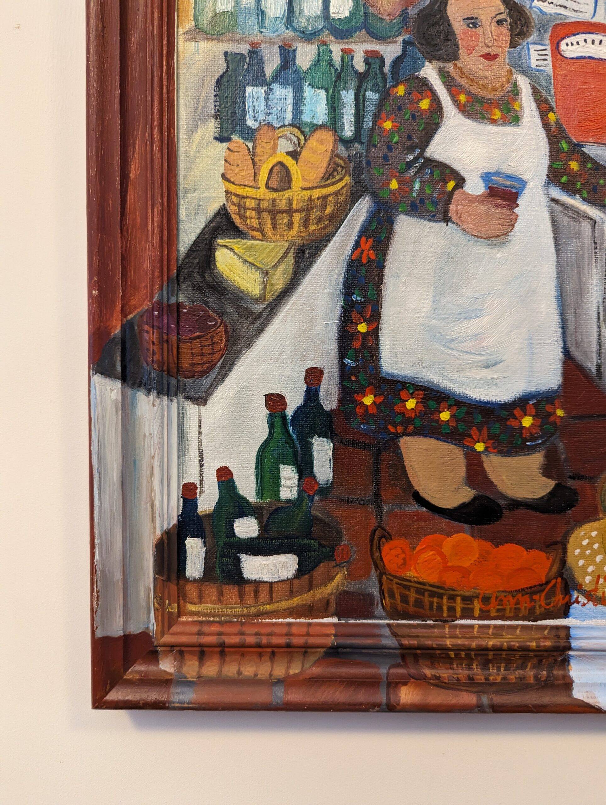 Mid-Century Modern Swedish "The Store" Vintage Figurative Oil Painting, Framed