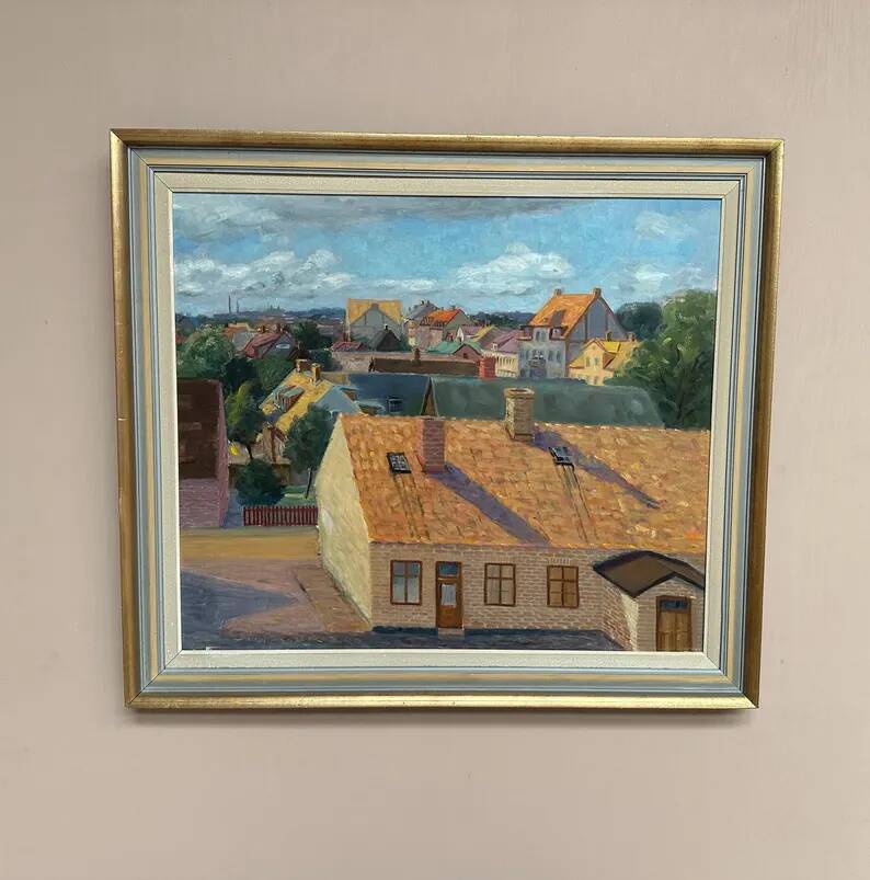 Large Original Swedish Oil on Panel – "Urban Landscape" by Wilhelm Matton – Signed – Dated 1947 – Framed – 83 × 73 cm (32.7 in × 28.7 in)