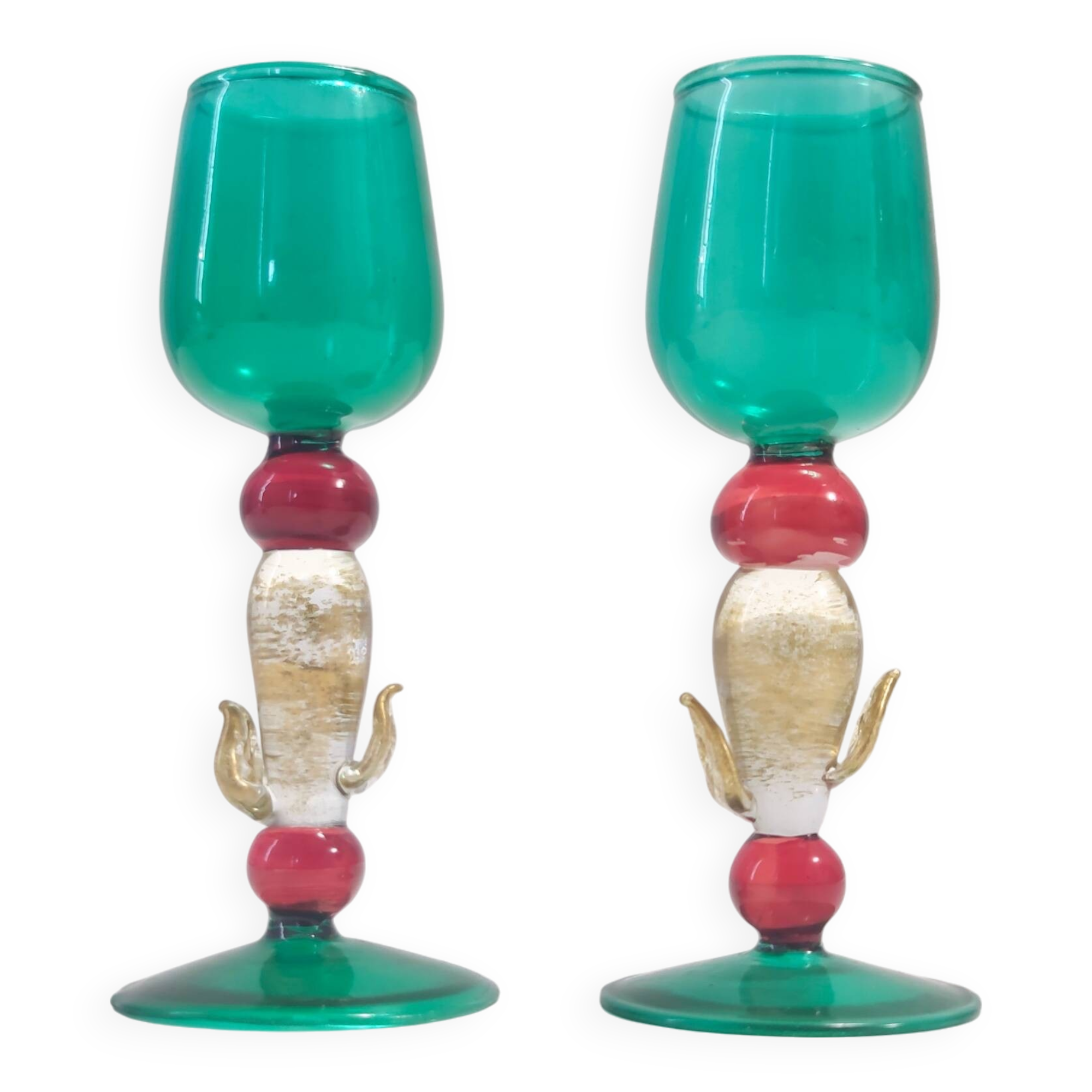 Postmodern Pair of Teal, Red and Gold Liqueur Glasses by Salviati, Murano, Italy