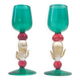 Postmodern Pair of Teal, Red and Gold Liqueur Glasses by Salviati, Murano, Italy
