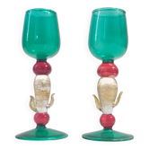 Paire de verres à liqueur postmodernes bleu sarcelle, rouge et or par Salviati, Murano, Italie
