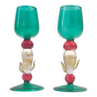Postmodern Pair of Teal, Red and Gold Liqueur Glasses by Salviati, Murano, Italy