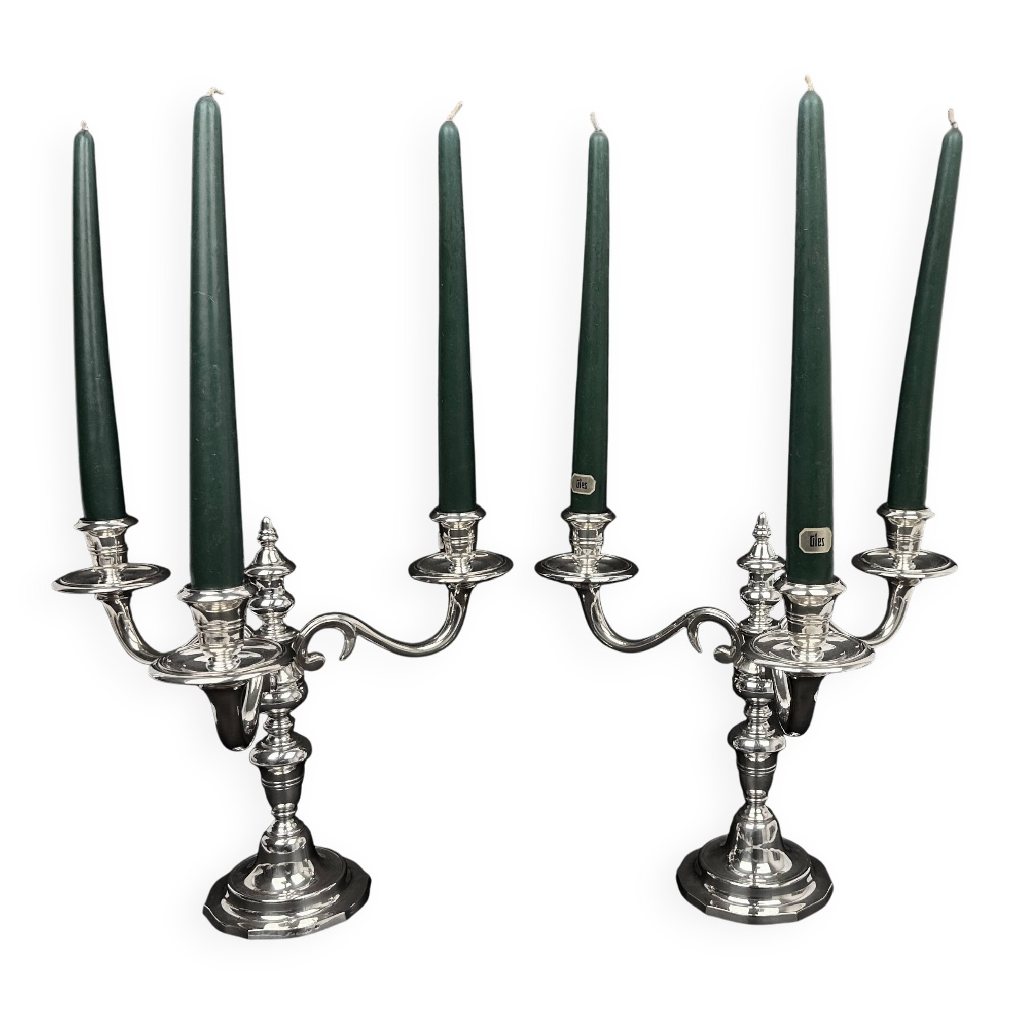 Pair of chrysalia silver metal 3-light candlestick holders