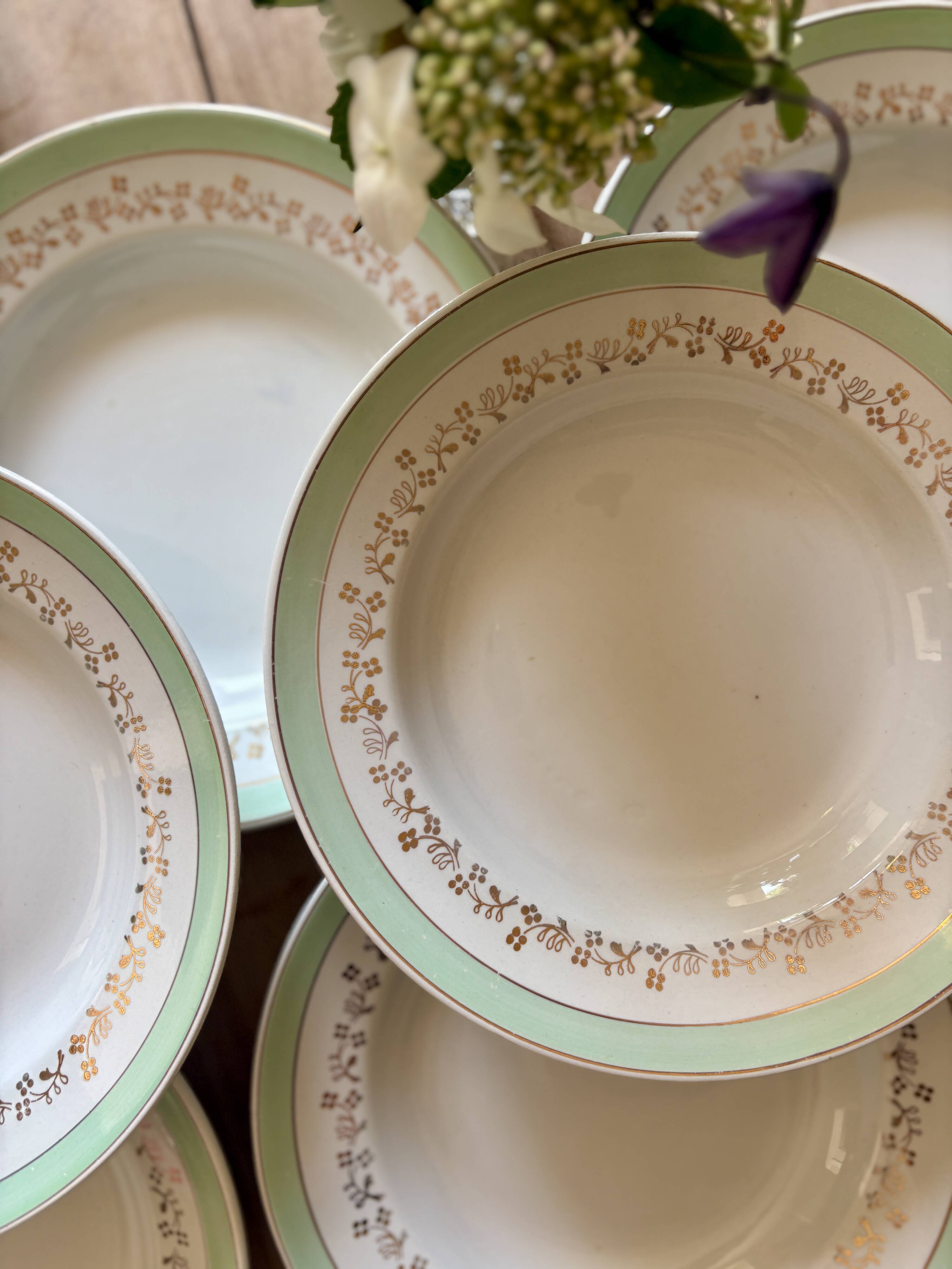 Set of 12 white, mint and gold soup plates, Mosèle de Luné model