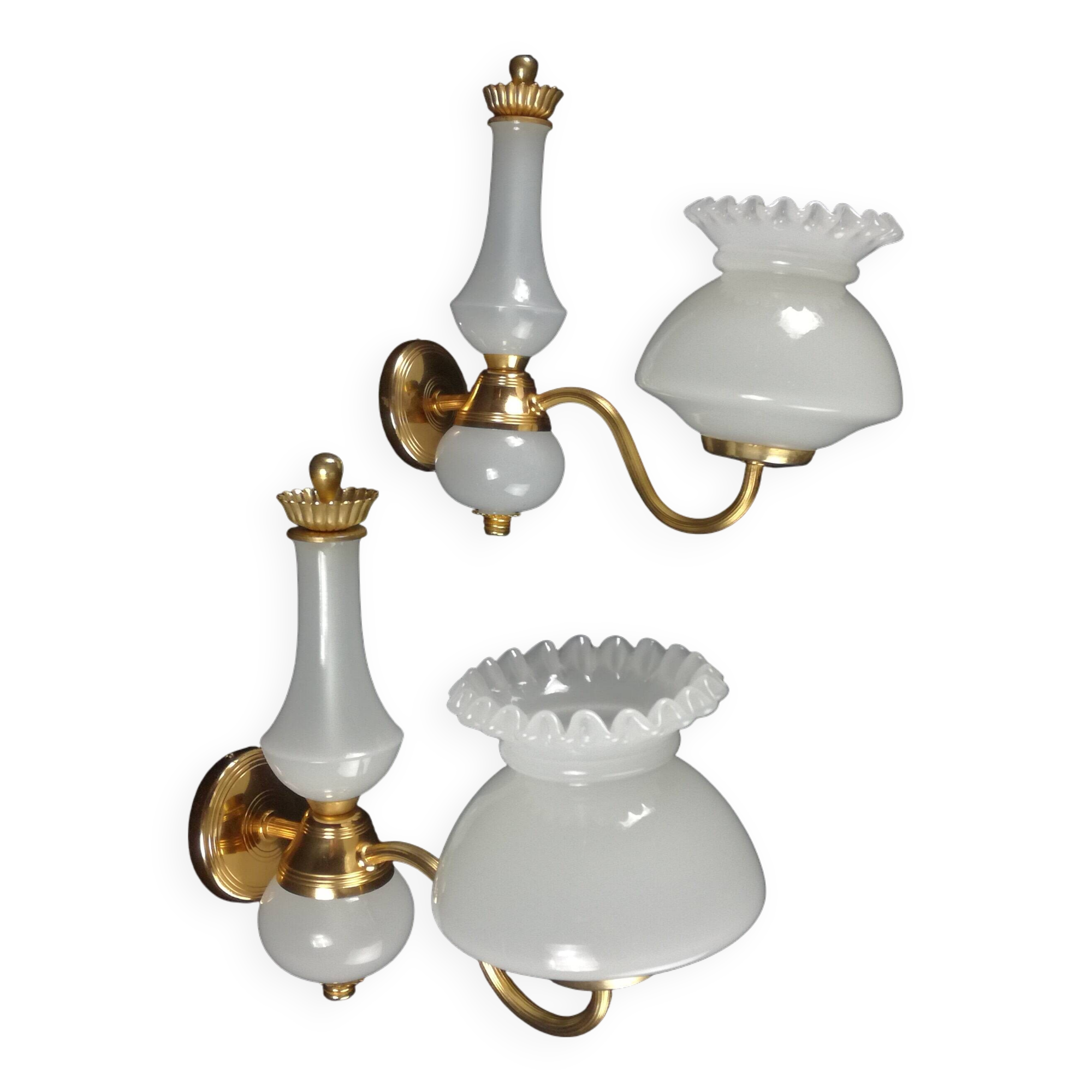 2 wall lights in gold metal and milky glass, swan neck