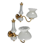 2 wall lights in gold metal and milky glass, swan neck